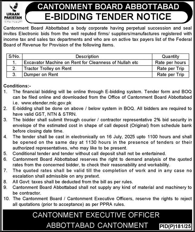 Cantonment Board Abbottabad Tender Notice